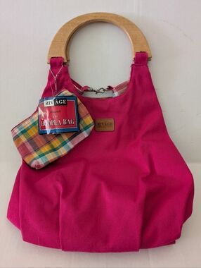 Rivage Collection Hoopla Reversible Bag w/Wooden Handle.Pink/Plaid.Nwt